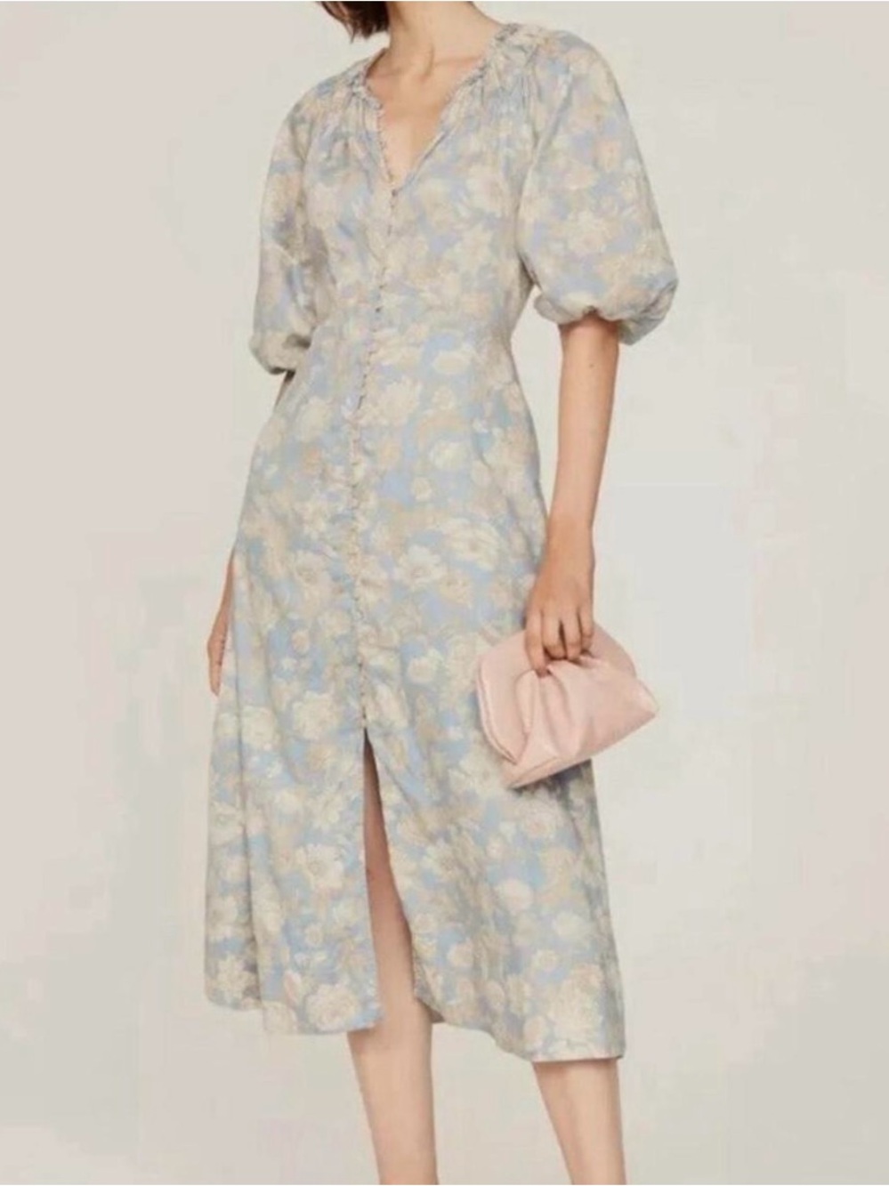 Rebecca Taylor Pastel Blue Floral Midi Dress with Puff Sleeves